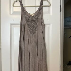 Taupe Crochet-Front Sleeveless Midi Dress